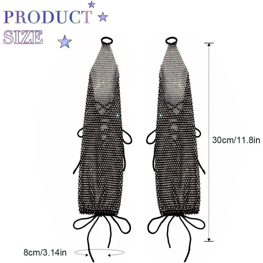 Women's Rhinestone Long Arm Rave Sleeves Fingerless Gloves Black Fishnet